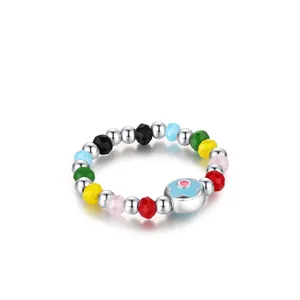 Handmade S925 silver beaded flower ring with colorful crystal beads and blue floral charm