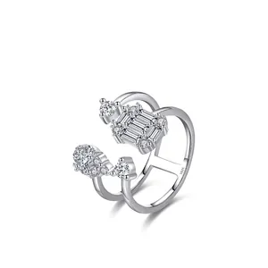 Elegant S925 sterling silver double-layer geometric ring with sparkling zircon stones