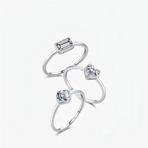 Elegant 925 Sterling Silver Zirconia Ring For Women Simple Heart Square Emerald Cut Adjustable Fashion Jewelry Ring