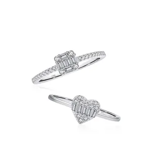 Anelli in argento sterling S925 con cristalli scintillanti a forma di cuore e rettangolo