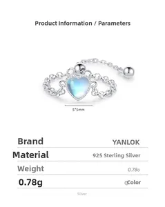 Detailed view of S925 silver adjustable chain ring with heart moonstone pendant