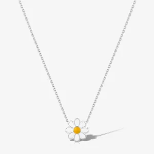 925 Sterling Silver Daisy Necklace Fresh Sweet Enamel Floral Pendant Clavicle Chain Minimalist Jewelry Gift For Women