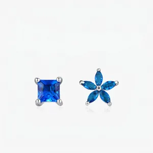 Boucles d'Oreilles Clous Asymétriques en Argent Sterling 925 Fleur Carré Zirconia Bleu pour Femme Style Doux Frais Bijoux