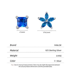 Boucles d'oreilles asymétriques en argent 925 avec zircon bleu, fleur et carré