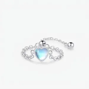 925 Sterling Silver Heart Moonstone Adjustable Ring For Women Sweet Fairy Style Thin Chain Ring Minimalist Fine Jewelry