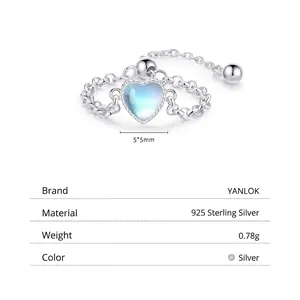 S925 sterling silver heart moonstone adjustable ring with elegant chain band design