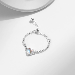 S925 sterling silver heart moonstone ring with adjustable chain link and bead slider