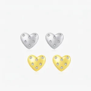 Boucles d'Oreilles Clous Cœur en Argent Sterling S925 pour Femmes Style Doux Français Plqué Or Argent Zircone Bijoux