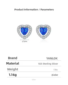 Détails des boucles d'oreilles cœur en argent S925 avec opale bleue et taille 5x5mm