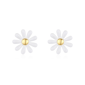 Minimalist S925 sterling silver daisy stud earrings with white enamel petals and gold core