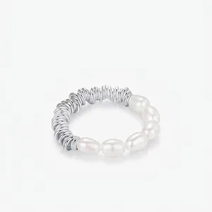 925 Sterling Silver Artificial Pearl Elastic Ring For Women Minimalist Spiral Coil Elegant Finger Ring Fashion Jewelry
