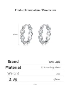 Détail de boucles d'oreilles Mobius en argent sterling 17mm avec zircone et poids 2,3g