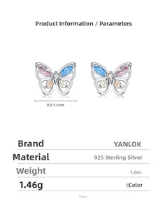 Macro detail of S925 sterling silver butterfly earrings with colorful zircon stones