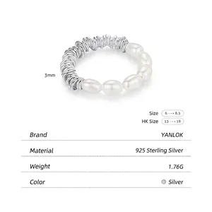 Elegant S925 sterling silver stretch ring with five oval pearls and textured wire band