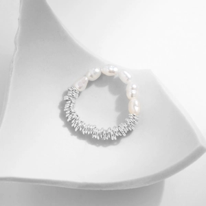 Elegant S925 silver beaded stretch ring featuring six white natural baroque pearls