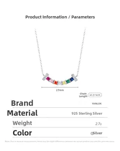 Detailed view of silver necklace with 27mm curved rainbow zircon pendant and dimensions