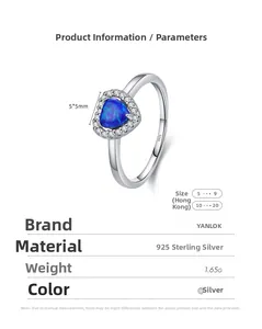 Macro detail of S925 sterling silver ring with 5x5mm heart-shaped blue opal and white zircons