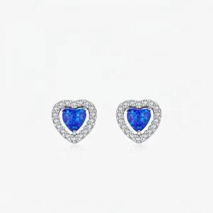 Boucles d'Oreilles Clous en Argent Sterling 925 Cœur Opale Bleue Artificielle pour Femmes Incrustées de Strass Bijoux Romantiques