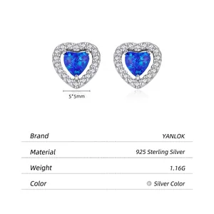 Boucles d'oreilles cœur en argent 925 avec opale bleue et pierres de zircon brillantes