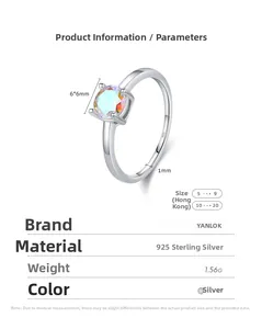 Detail view of S925 sterling silver ring with 6mm iridescent zircon and specifications