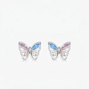 925 Sterling Silver Butterfly Stud Earrings For Women Forest Style Colorful Zirconia Inlaid Hollow Butterfly Jewelry Gift