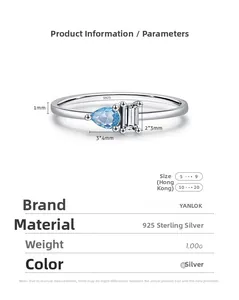 Detail view of S925 sterling silver ring with blue pear-cut stone and size dimensions
