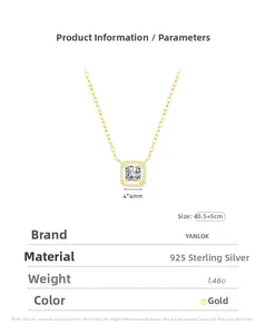 Detailed view of S925 silver gold necklace with 4x4mm square cubic zirconia pendant