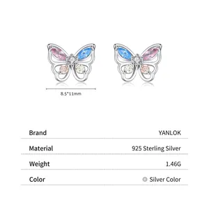 S925 sterling silver butterfly stud earrings with colorful zircons measuring 8.5x11mm