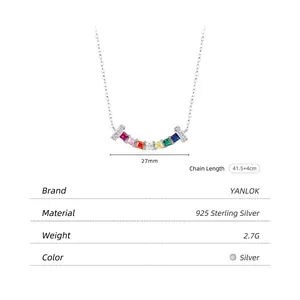 S925 sterling silver curved rainbow gemstone necklace with adjustable silver chain