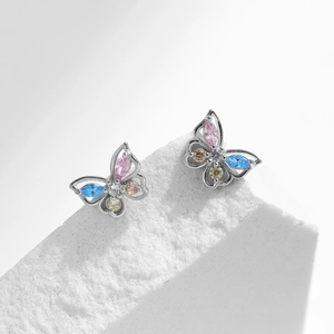 Elegant S925 sterling silver butterfly earrings featuring colorful zircon stones