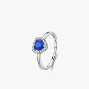 925 Sterling Silver Blue Artificial Opal Heart Ring For Women Vintage Luxurious Zirconia Inlaid Finger Ring Jewelry Gift