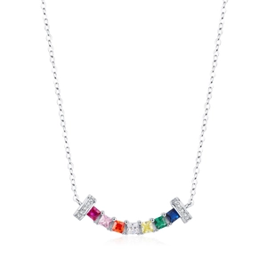 S925 sterling silver curved necklace with multi-color rainbow square gemstones