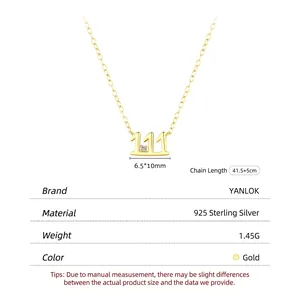 Collier en argent sterling S925 doré avec pendentif chiffre 111 et oxyde de zirconium