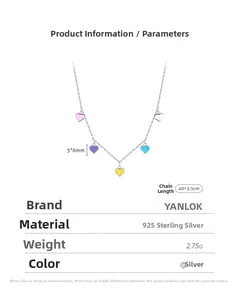 Detail of 925 sterling silver necklace featuring five colorful heart charms and specs