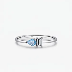 S925 Sterling Silver Geometric Pear Water Drop Blue Zirconia Ring Women Minimalist Original Design Fashion Finger Jewelry