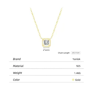Elegant 925 sterling silver gold-plated square pendant necklace with single zircon