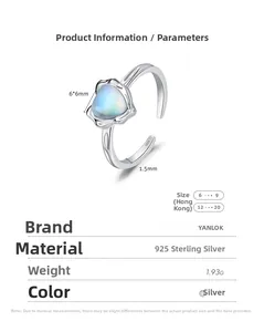 Detailed view of S925 sterling silver heart moonstone ring with dimensions and weight info