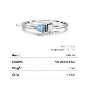 Elegant S925 sterling silver ring featuring a pear-cut blue stone and rectangular zircon