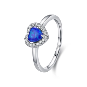Luxurious S925 sterling silver ring with heart-cut blue opal and sparkling side stones