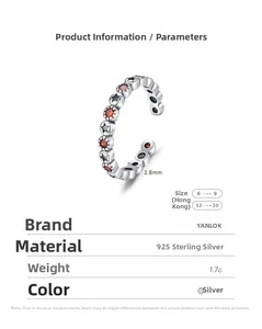 Detail view of 2.8mm S925 sterling silver ring with red gems and black star patterns