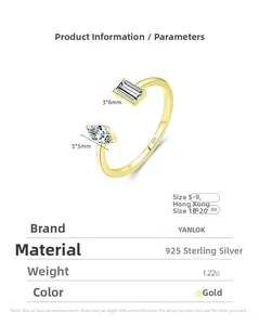 Detailed view of S925 silver gold ring with rectangular and marquise cut zircon stones