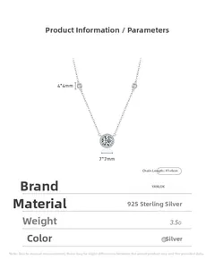 Détails du collier en argent S925 montrant les dimensions et le pendentif de 7mm