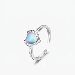 Elegant 925 Sterling Silver Heart Moonstone Open Ring Adjustable Simple Style Fashion Jewelry Finger Ring Gift For Women
