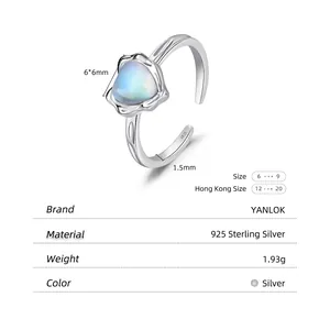 Elegant S925 sterling silver heart moonstone ring with adjustable open band for women