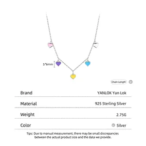 925 Sterling Silver necklace with five colorful enamel heart pendants, 40+3.5cm chain length