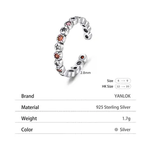 Adjustable S925 sterling silver ring with orange gemstone and black star pattern detail