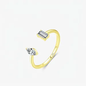 925 Sterling Silver Gold Plated Geometric Open Ring Women Double Zirconia Delicate Baguette Marquise Adjustable Finger Ring
