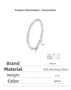 Detailed size chart for 1mm S925 sterling silver ring showing weights and US HK sizes