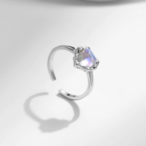 S925 sterling silver open ring featuring an iridescent moonstone in a minimalist design