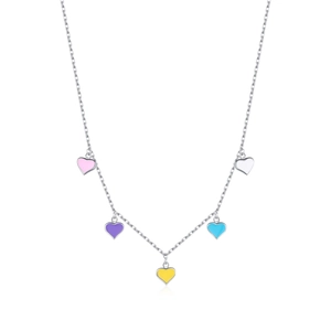 Elegant S925 sterling silver necklace featuring five colorful enamel heart charms
